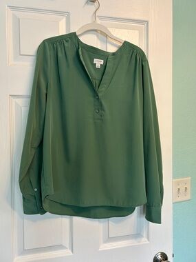 J. Crew Green Split-Neck Long-Sleeve Blouse